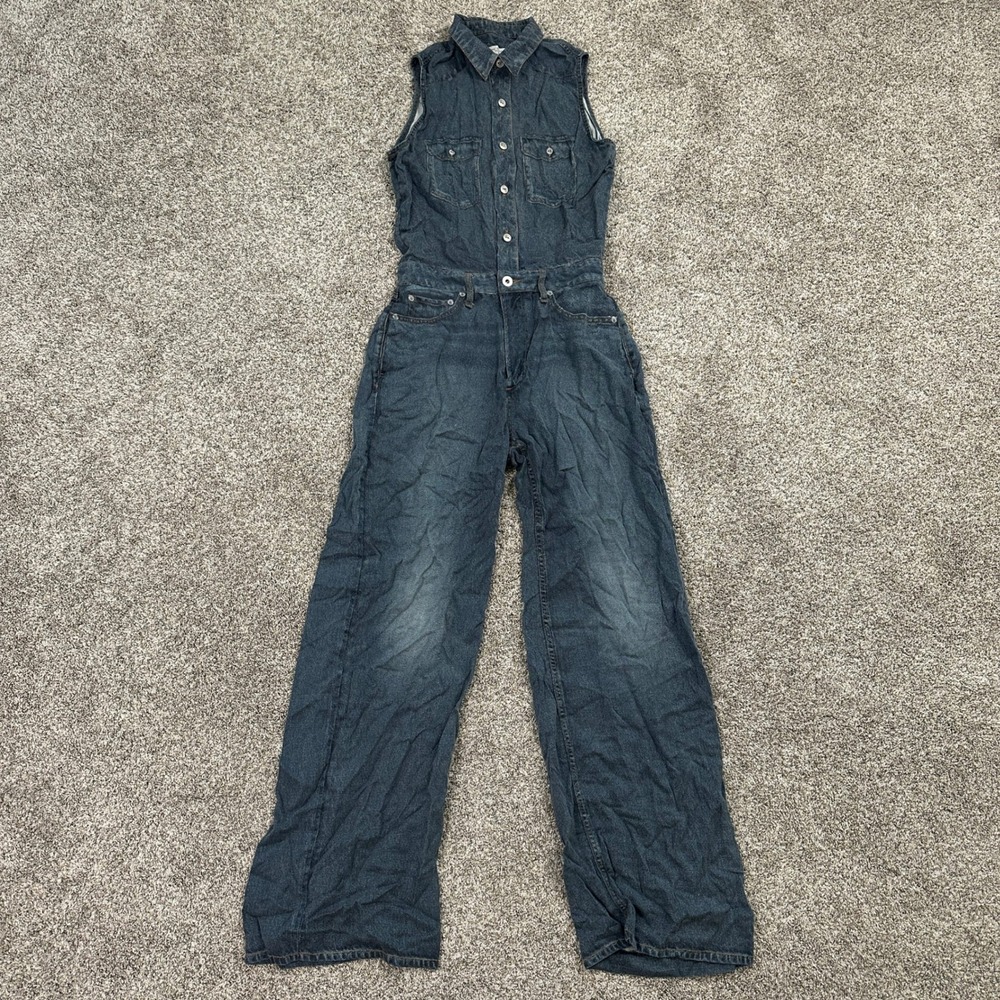 Rag & Bone Jumpsuit Womens S Blue Sleeveless Wide Leg Button Down Denim - Picture 2 of 11